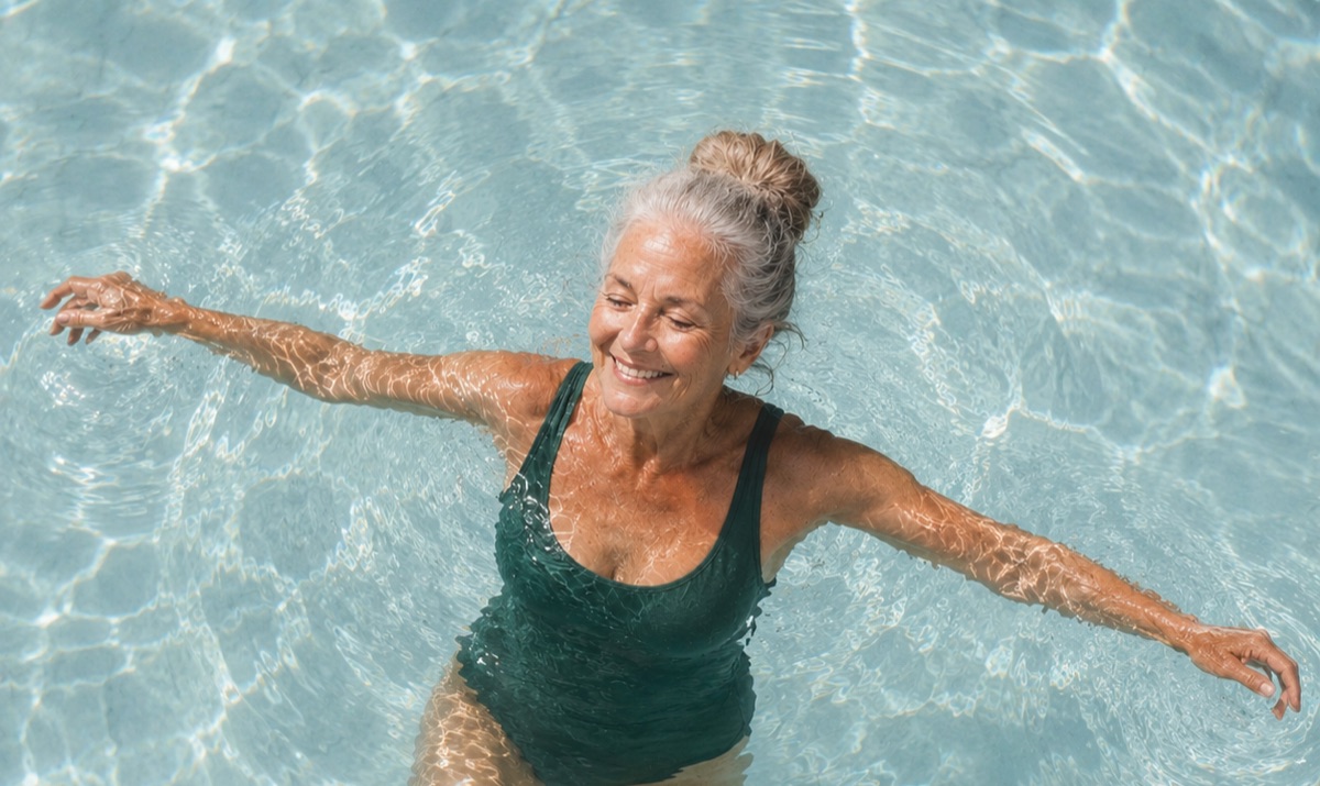 An older woman floating contentedly in a sunlit pool